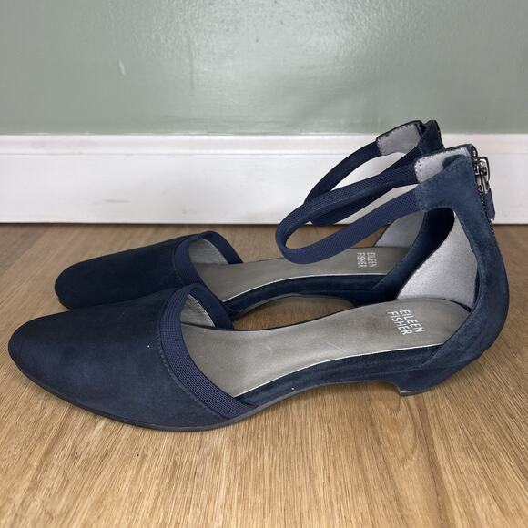 Eileen Fisher Women’s 8 Pumps Kitten Heel Ankle Strap Navy Blue Dressy Leather - Picture 4 of 8